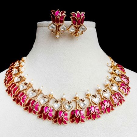Handmade Brass Metal Jewellery Pink Lotus Necklace Set